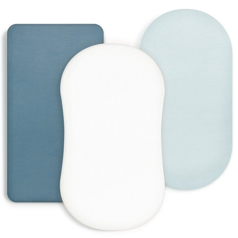GRSSDER Stretchy Ultra Soft Fitted Bassinet Sheet 3 Pack, Universal Fit for Bassinets Baby Cradle Moses Basket Oval Rectangle Mattress Safe and Snug, Jersey Bassinet Sheets for Girls, White/Blue - Image 1